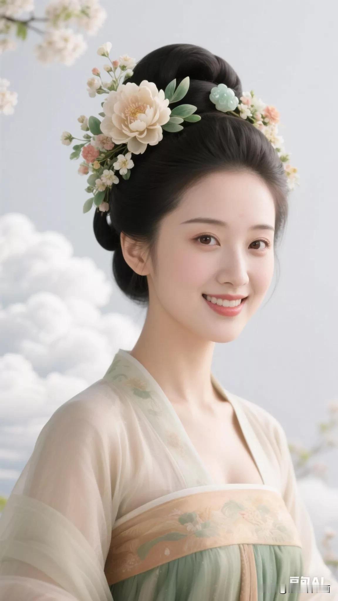 古典美人花环发饰，温婉优雅，尽显东方韵味。张立启原创书画AI作品古仕女发髻集锦首
