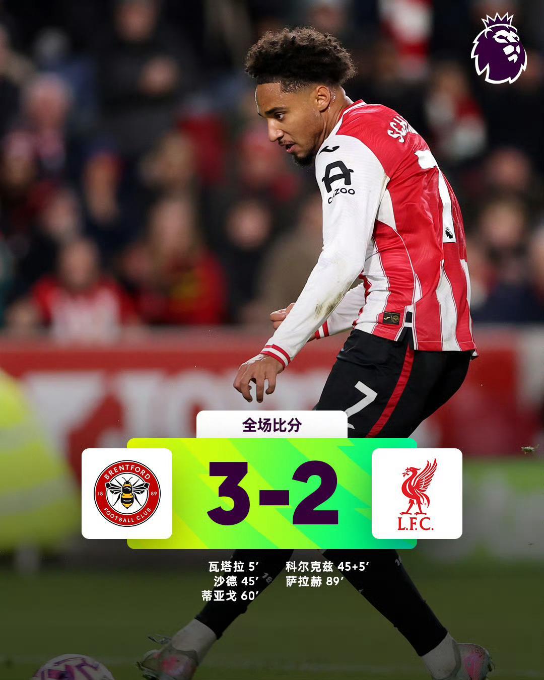 布伦特福德3比2利物浦英超联赛第9轮，上半场瓦塔拉首开纪录，沙德单刀破门再下一城