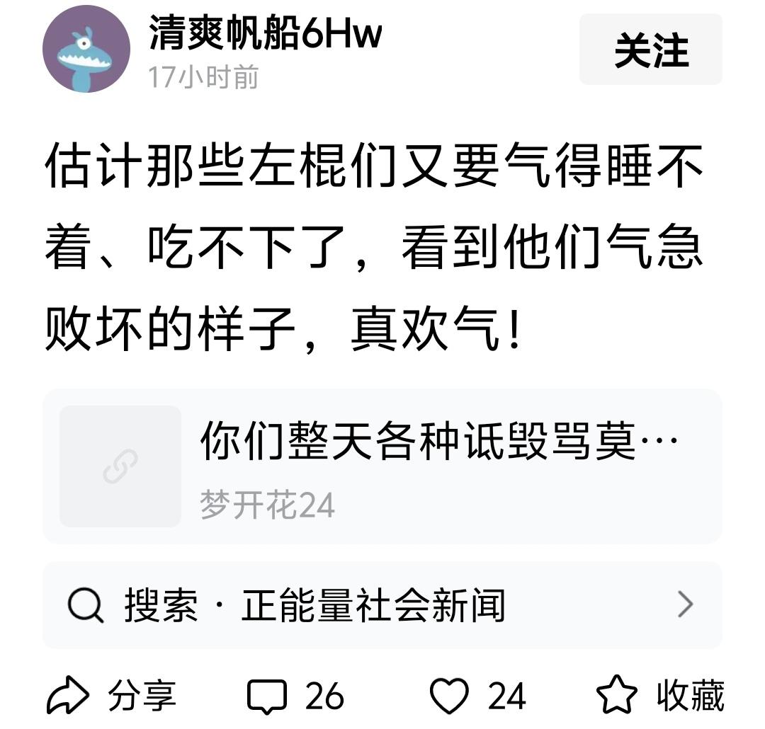 “估计那些左棍们又要气得睡不着、吃不下了，看到他们气急败坏的样子，真欢气”
回：