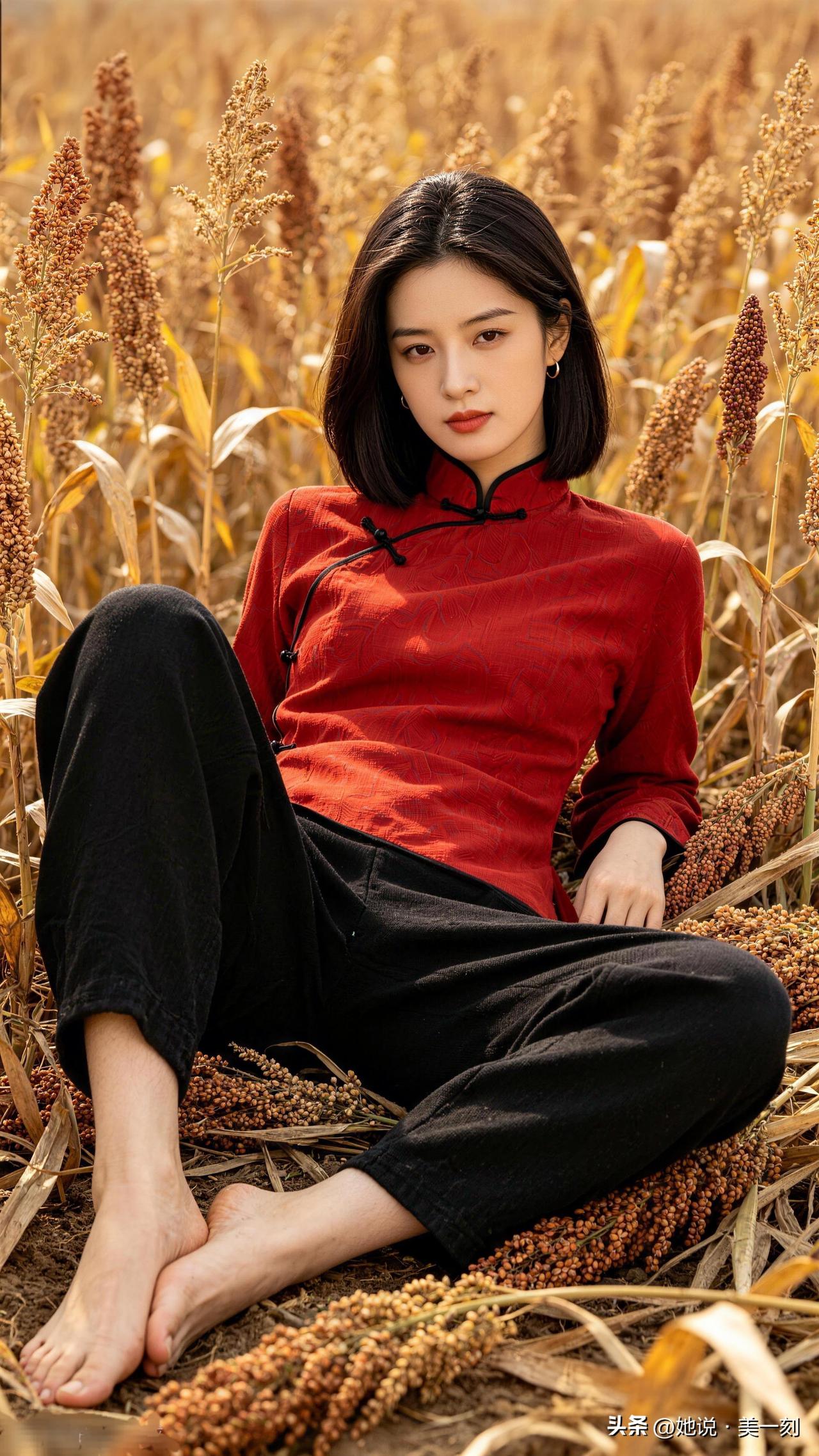 秋日田野，红衣少女，静坐麦浪间，感受自然的宁静与美好。