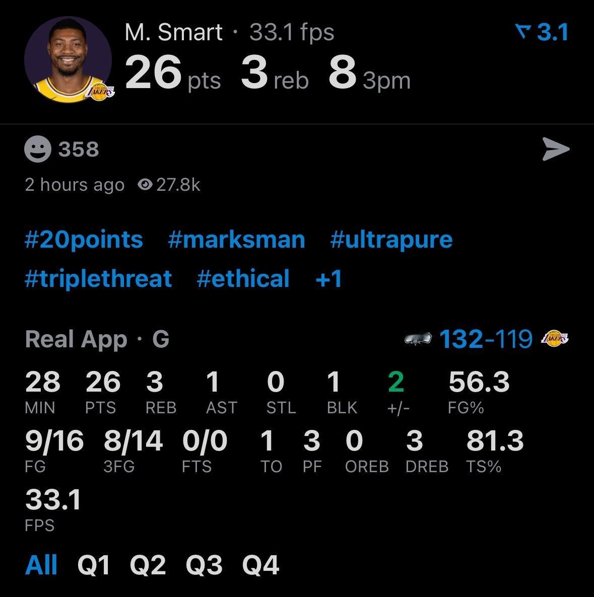 雷迪克称赞斯马特今晚的拼劲十足：“单论防守端的投入度和专注度，他绝对拉满了，而且