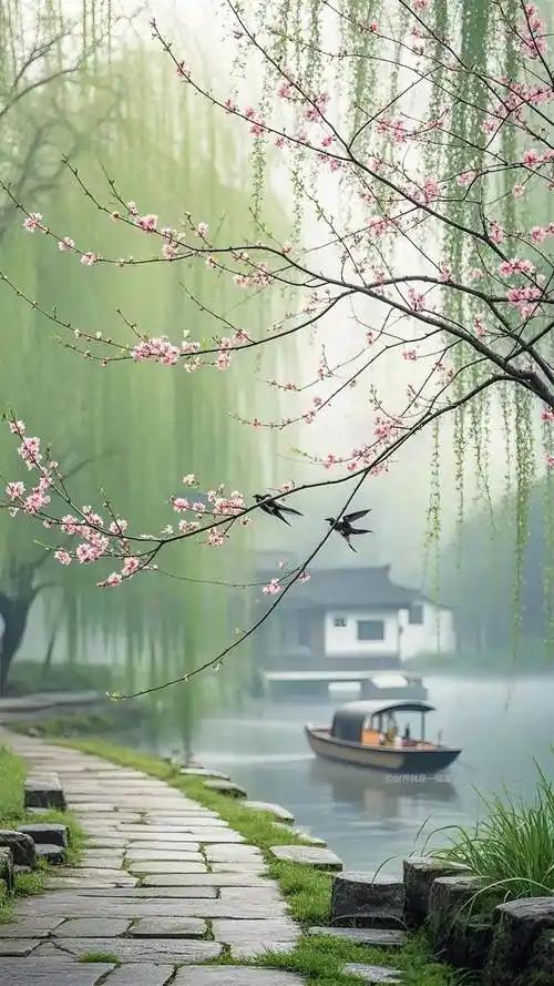 下联：杏花杨柳晚风清

赏析：上联绘烟雨氤氲之江南春色，朦胧柔美；下联以杏花、杨