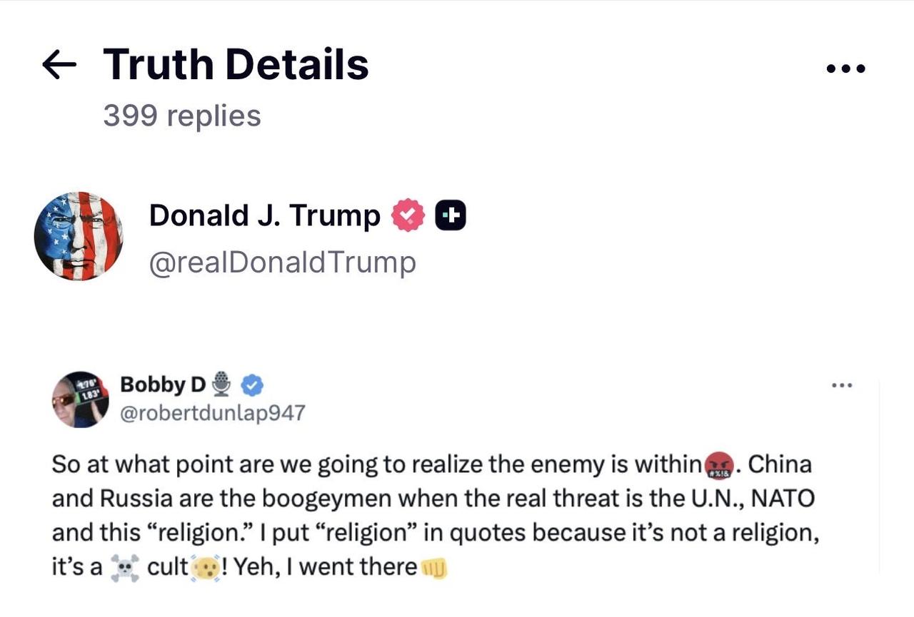 川普转发了一个网民的帖子，声称中国和俄罗斯并不是美国的敌人，北约和联合国才是
