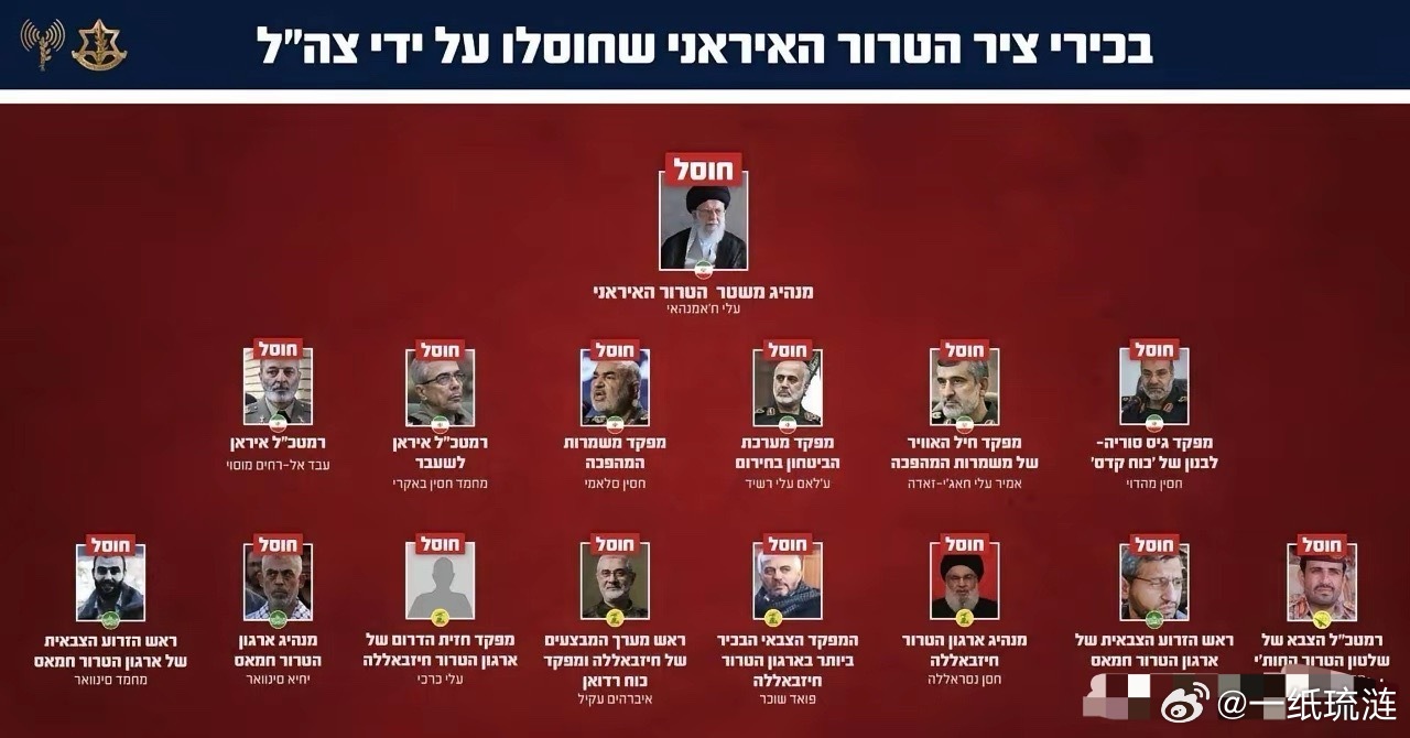 以色列发布通告，宣布已消灭伊朗的全部高级官员。 