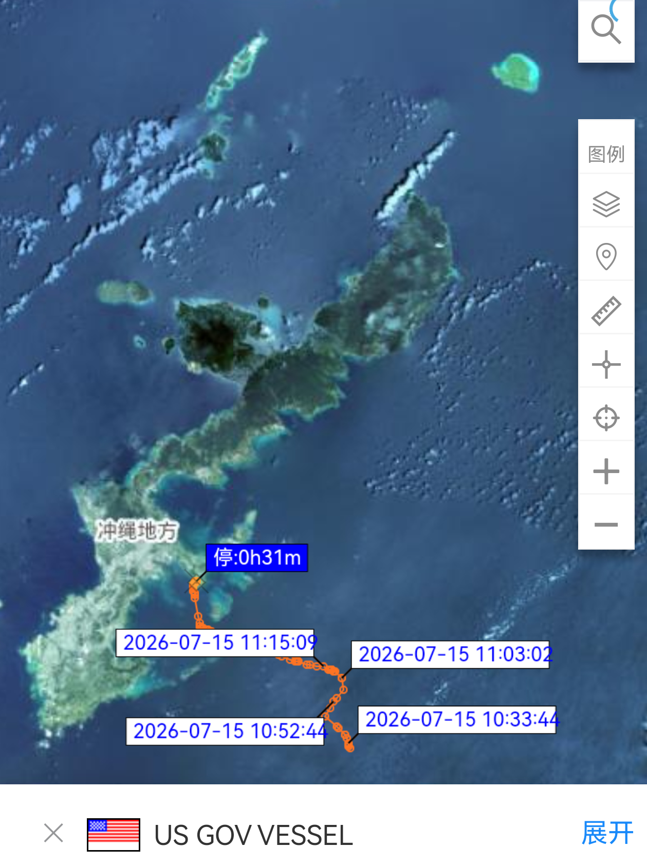AIS信号显示，7月15号，美国海军本福德号驱逐舰(DDG-65)停靠琉球群岛白