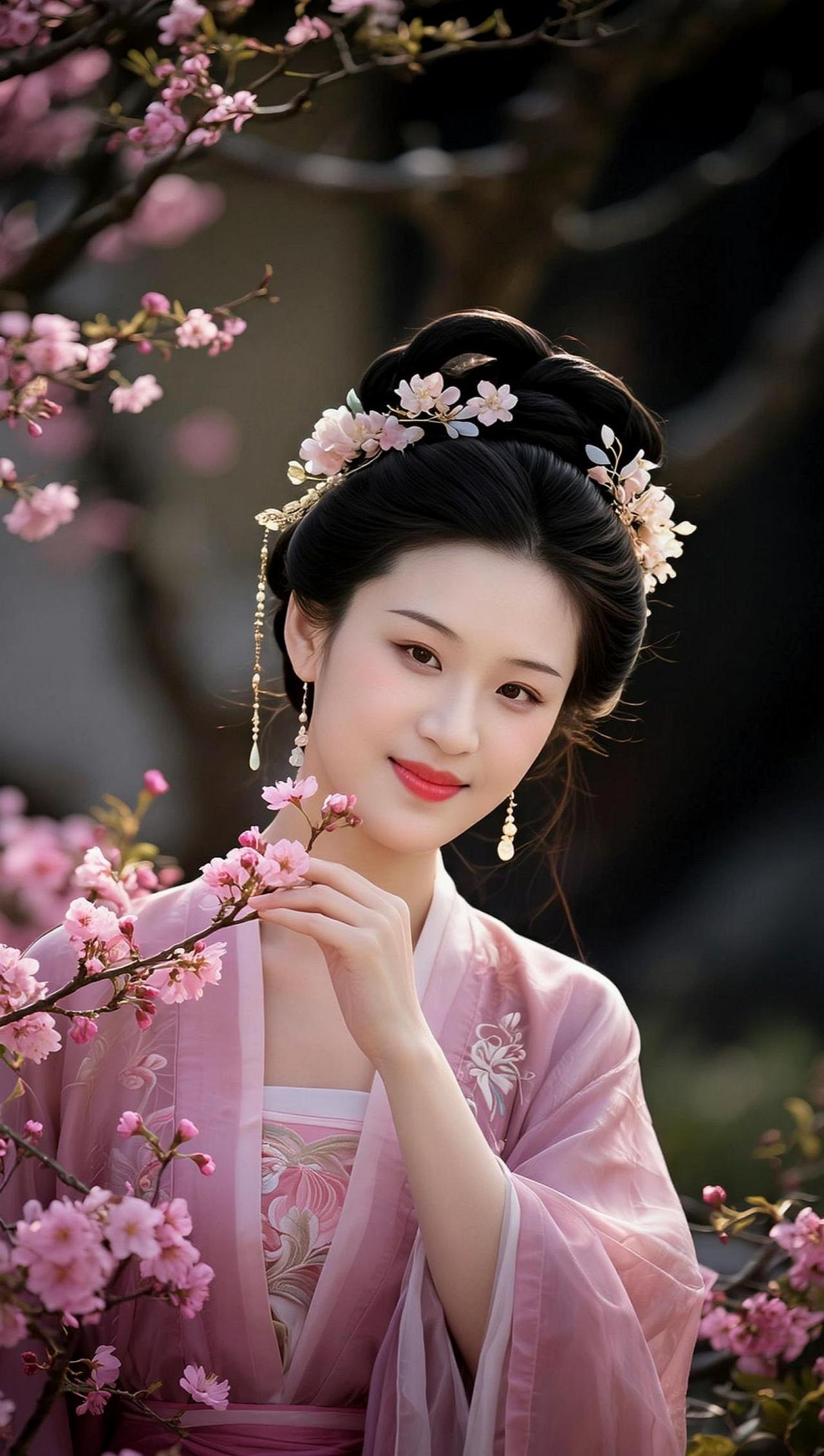 在古风的画卷中，一袭粉色长裙如云霞般绽放，发间点缀的珠翠闪烁着温润的光芒。背景的