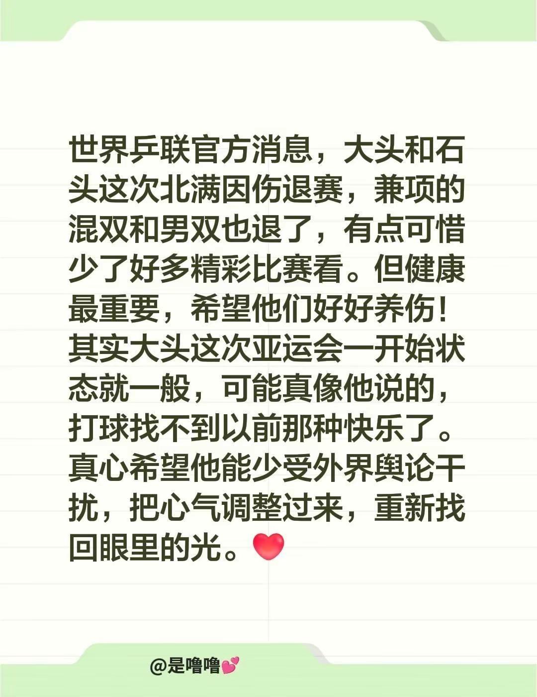 世界乒联官方消息，大头和石头这次北满因伤退赛，兼项的混双和男双也退了，有点可惜少
