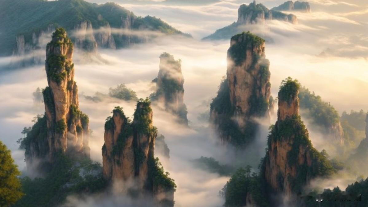 张家界，以“奇峰三千、秀水八百”闻名世界，武陵源的峰林云雾、天门山的玻璃栈道、大