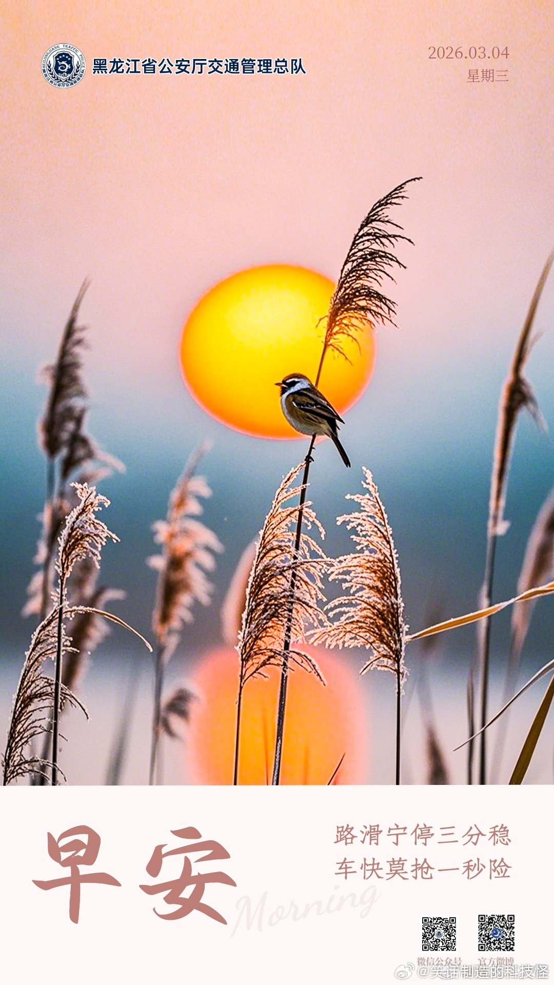 早安 路滑宁停三分稳，车快莫抢一秒险。早安 畅行龙江交警同行 （