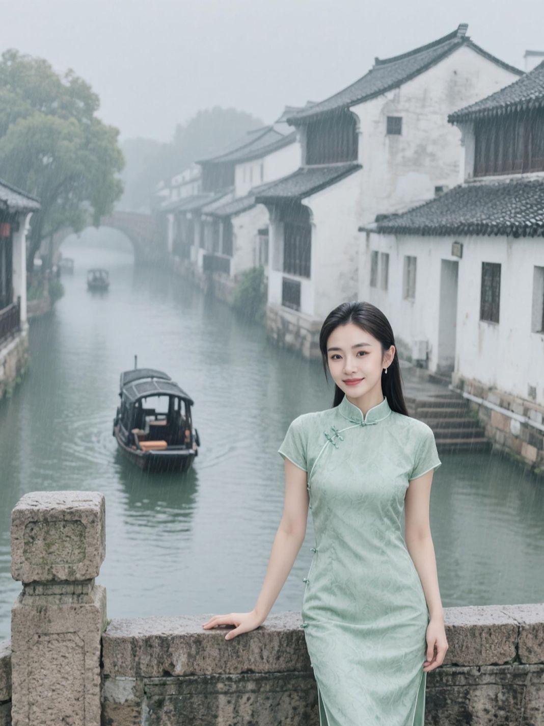 烟雨入江南，山水如墨染。
撑伞过石桥，半步唐宋半步今。黛瓦青砖客，推窗即是水墨天