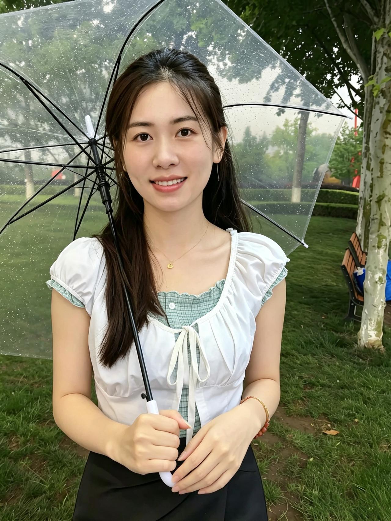 细雨庭前草木新，罗衣轻衬玉人身。
眉如远黛含清秀，目似星河藏热忱。
不借铅华添颜