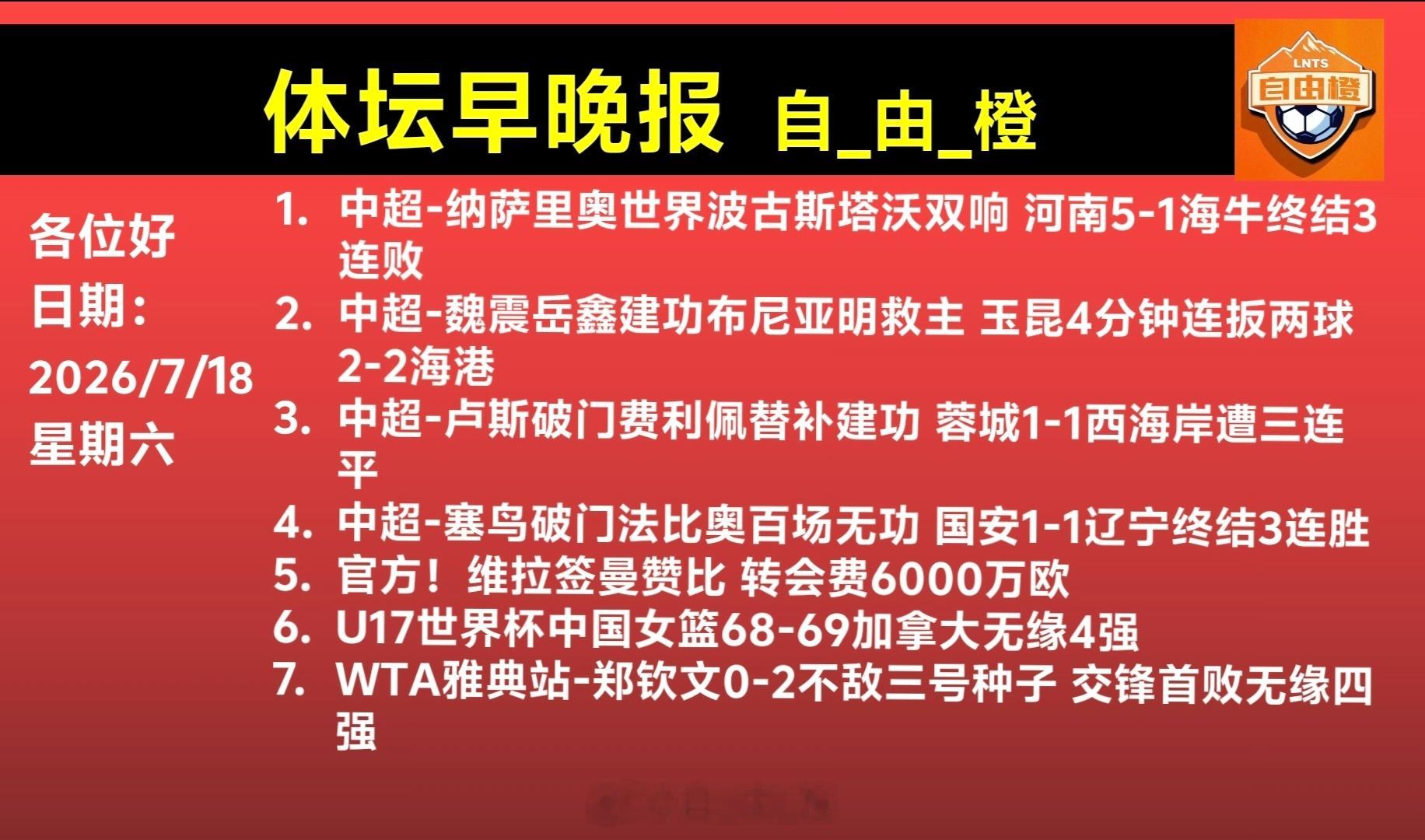 每日橙语体坛早晚报自由橙