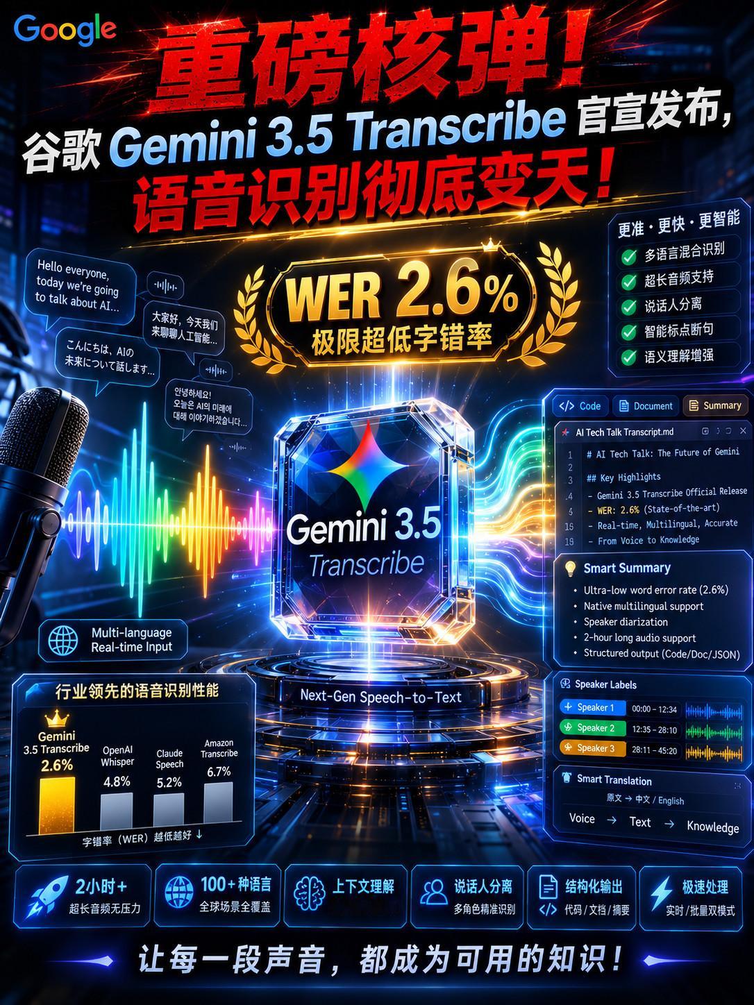 谷歌突发语音识别实时85种语言动态混输Gemini 3.5 Transcribe