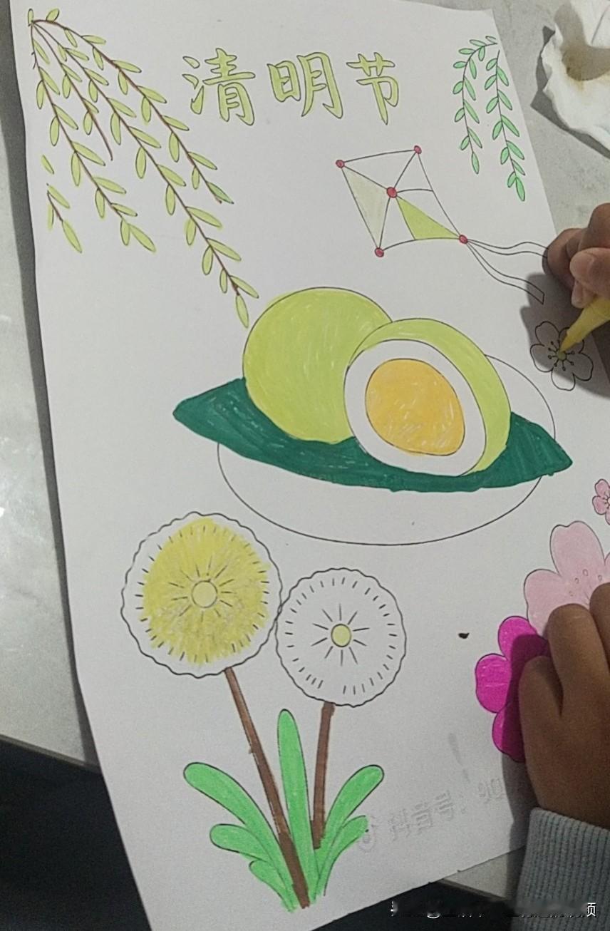 马上要过清明了，老师要求孩子们以清明为主题，做一份手抄报！昨天有事，回来太晚了，