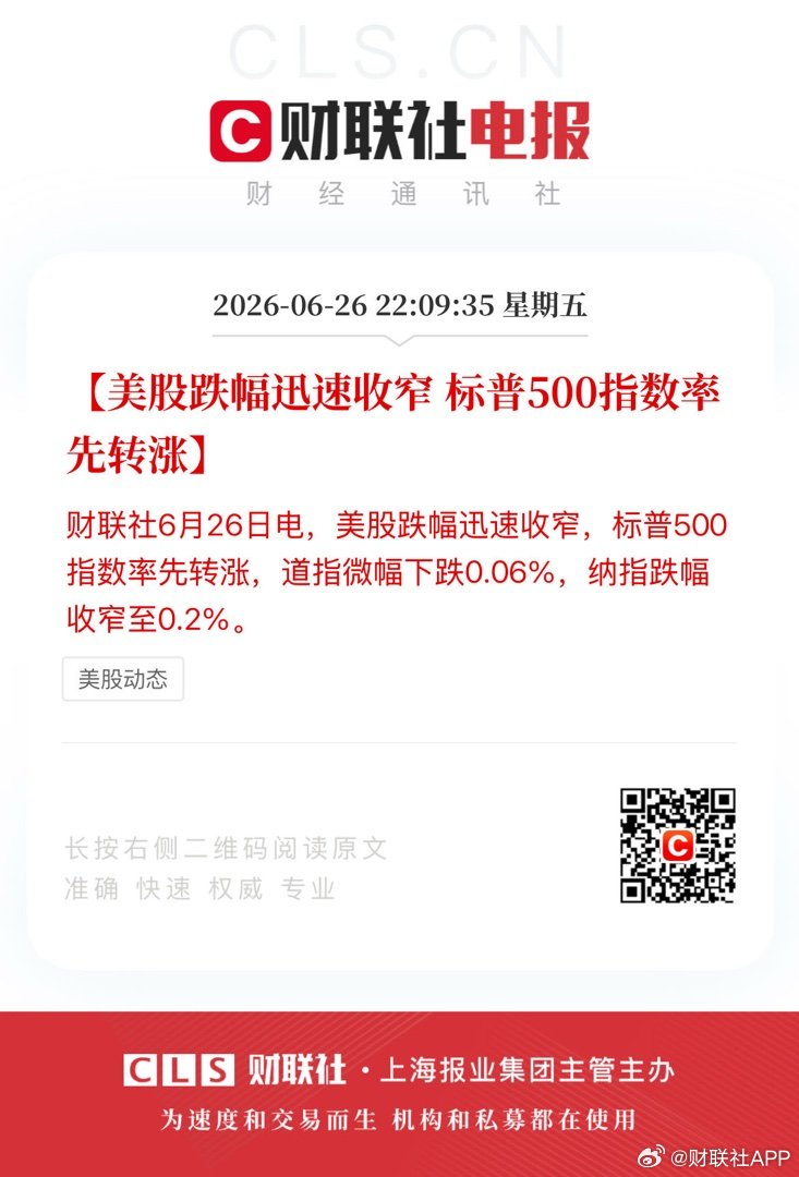 【美股跌幅迅速收窄 标普500指数率先转涨】财联社6月26日电，美股跌幅迅速收窄