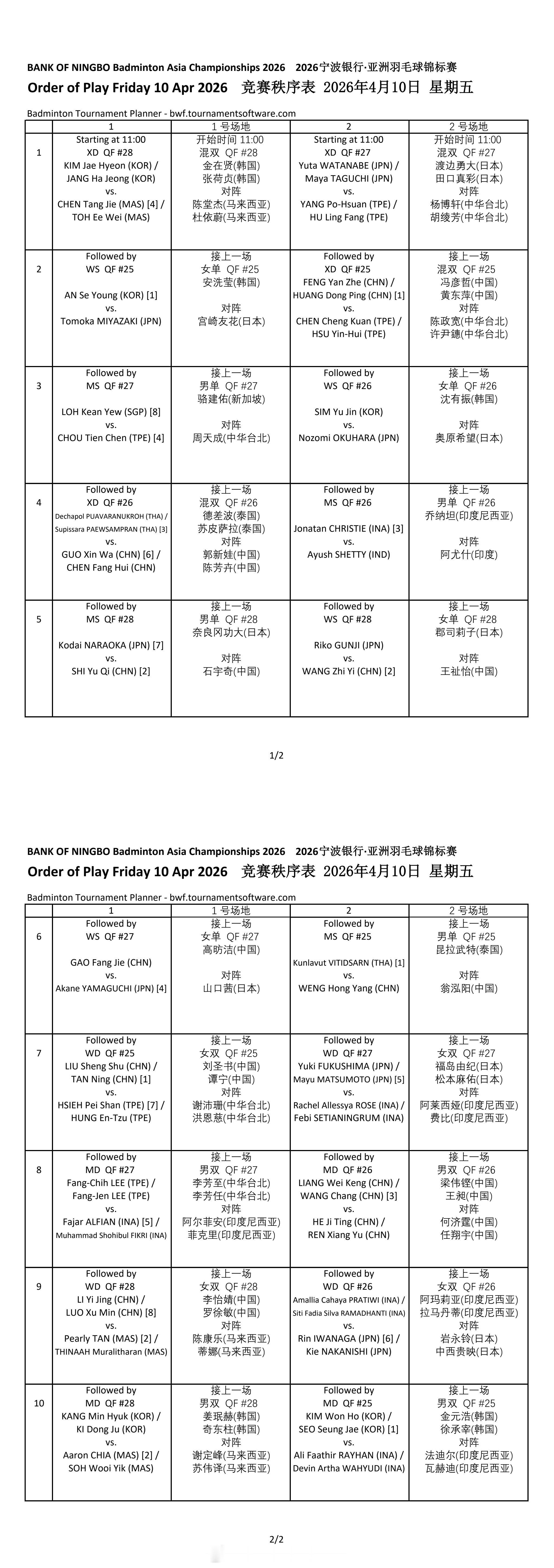 2026年羽毛球亚锦赛 周五赛程 