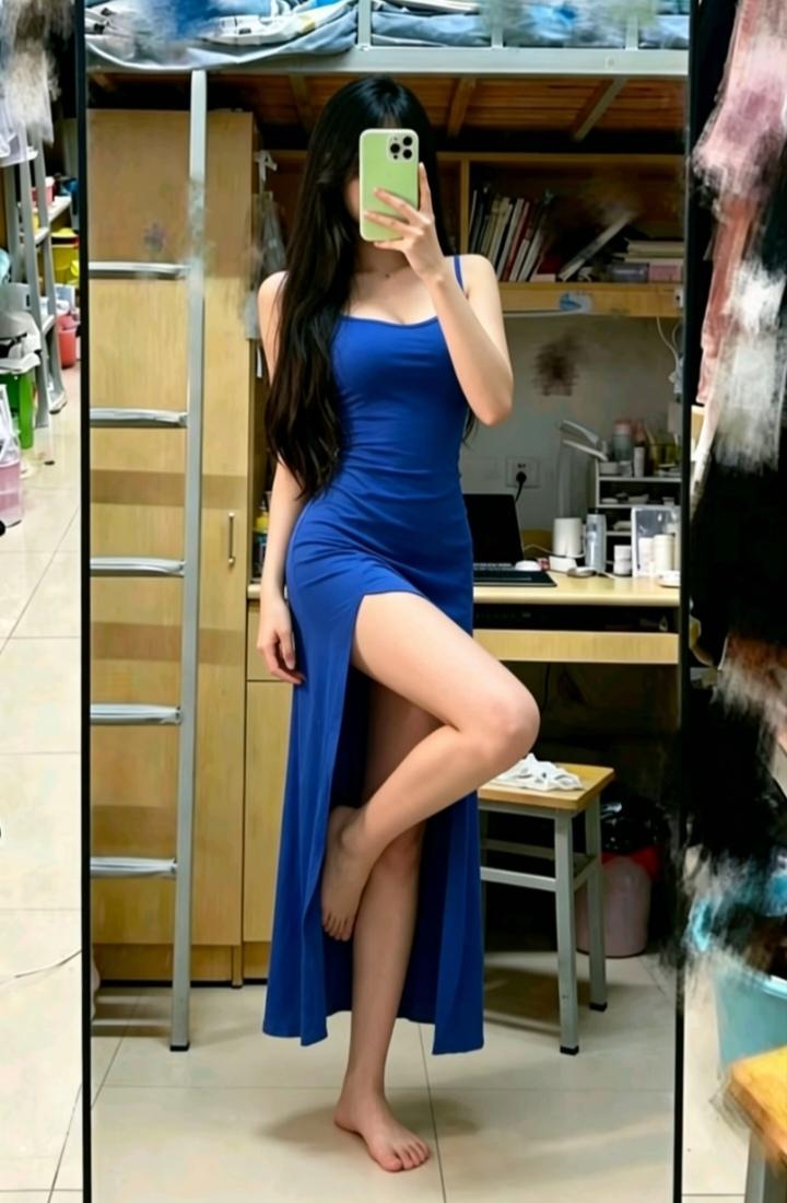 御姐 穿搭 身材 蓝色连衣裙 对镜拍