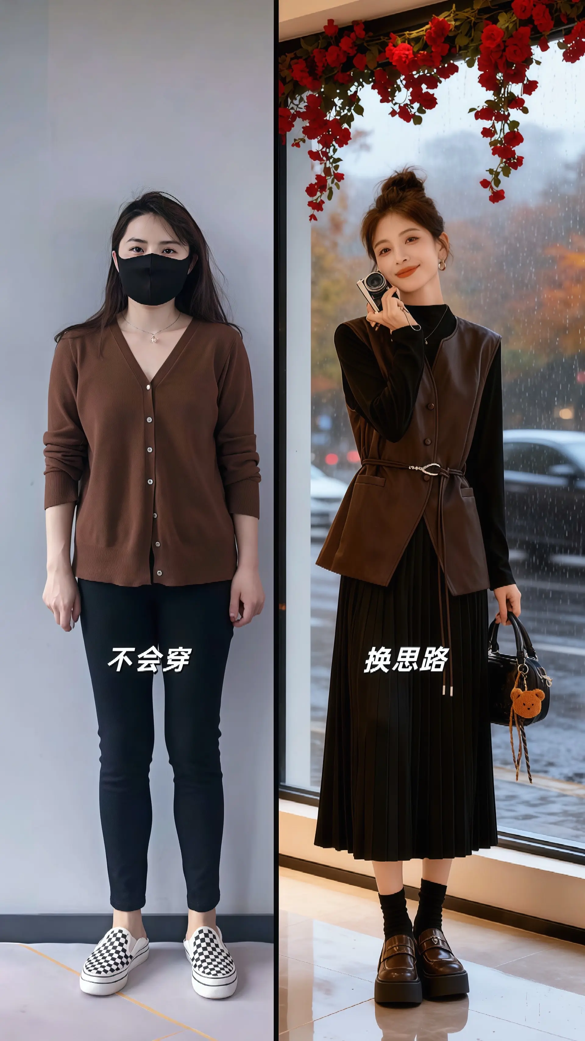 她穿着一套时尚百褶裙套装，中长款休闲皮上衣的飒爽与百褶连衣裙的柔美碰撞...