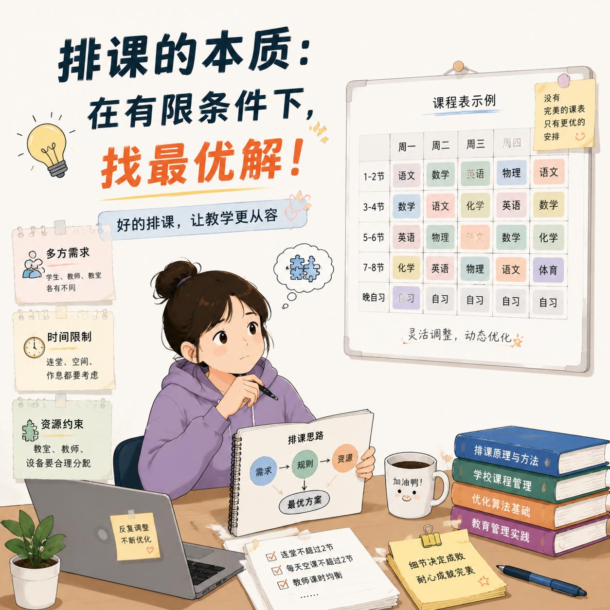 学校教室、教师数量固定，还要兼顾班主任班会、行政开会、学生走班选课、连堂授课等几