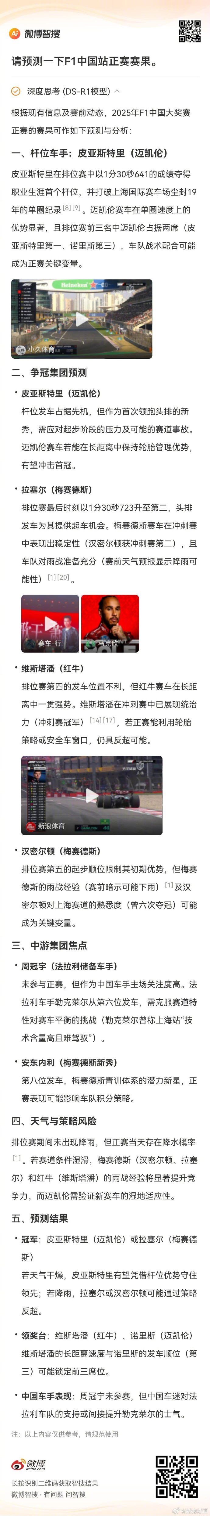 【智搜ds预测F1中国站赛果】智搜ds对本次F1中国大奖赛赛果进行了预测，名次看