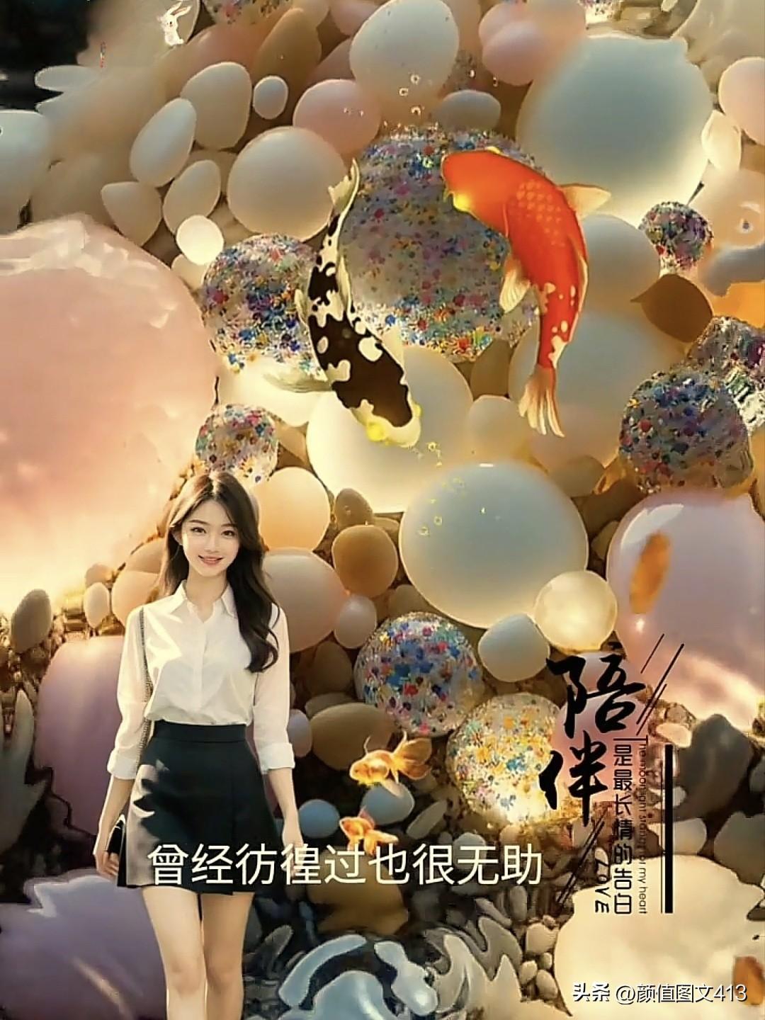 海浪簇拥粉玫瑰，光影洒落海面。手持红扇倚花间，小溪垂柳风光正好，放缓脚步，留住这