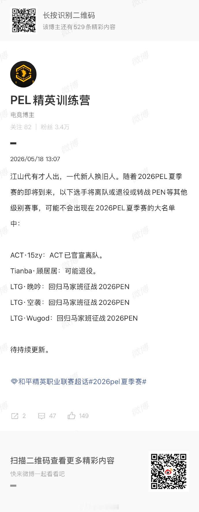 江山代有才人出，一代新人换旧人。随着2026PEL夏季赛的即将到来，以下选手将离
