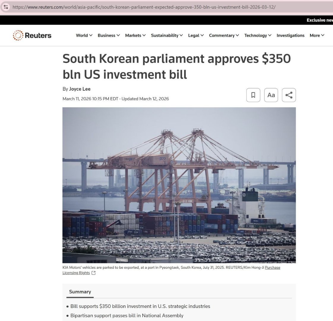 2026年3月12日《路透社》：2026年3月12日韩国国会通过一项特别法案，以