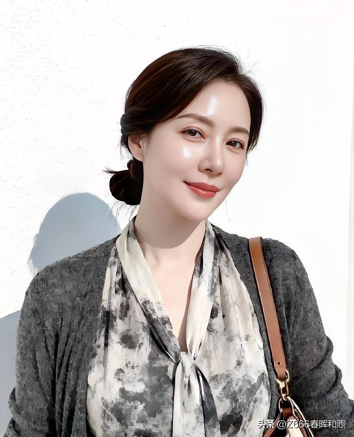 灰调针织糅合水墨丝巾，低髻轻挽，光影流转间，勾勒出从容优雅的知性韵味。