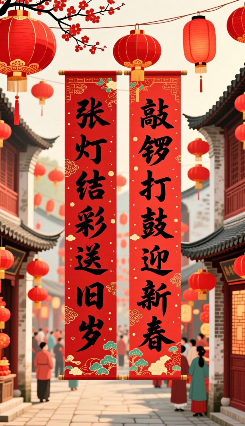 张灯结彩送旧岁，敲锣打鼓迎新春。这副对联藏着辞旧迎新的喜庆，愿大家新的一年红红火