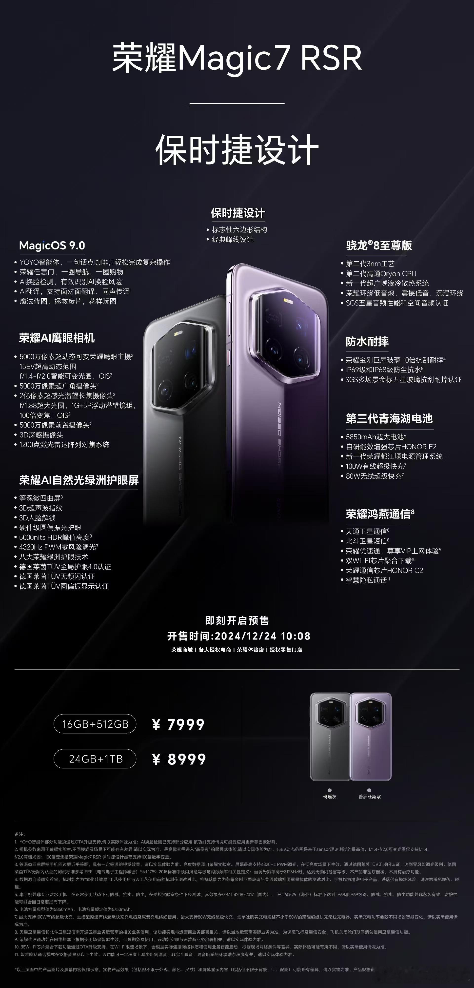一图看懂 荣耀Magic7 RSR 保时捷设计影像方面首发大王影像，2亿超感光潜