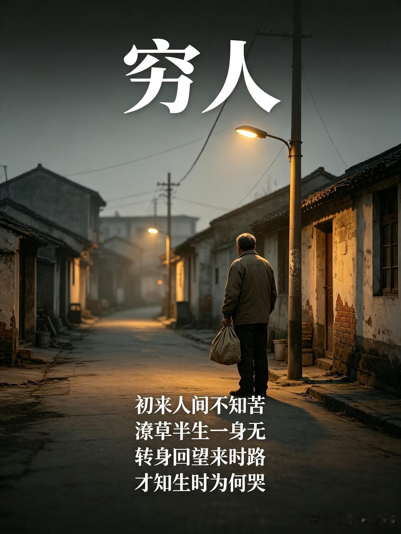 《穷人》
 初来人间不知苦
 潦草半生一身无 
转身回望来时路 
才知生时为何哭