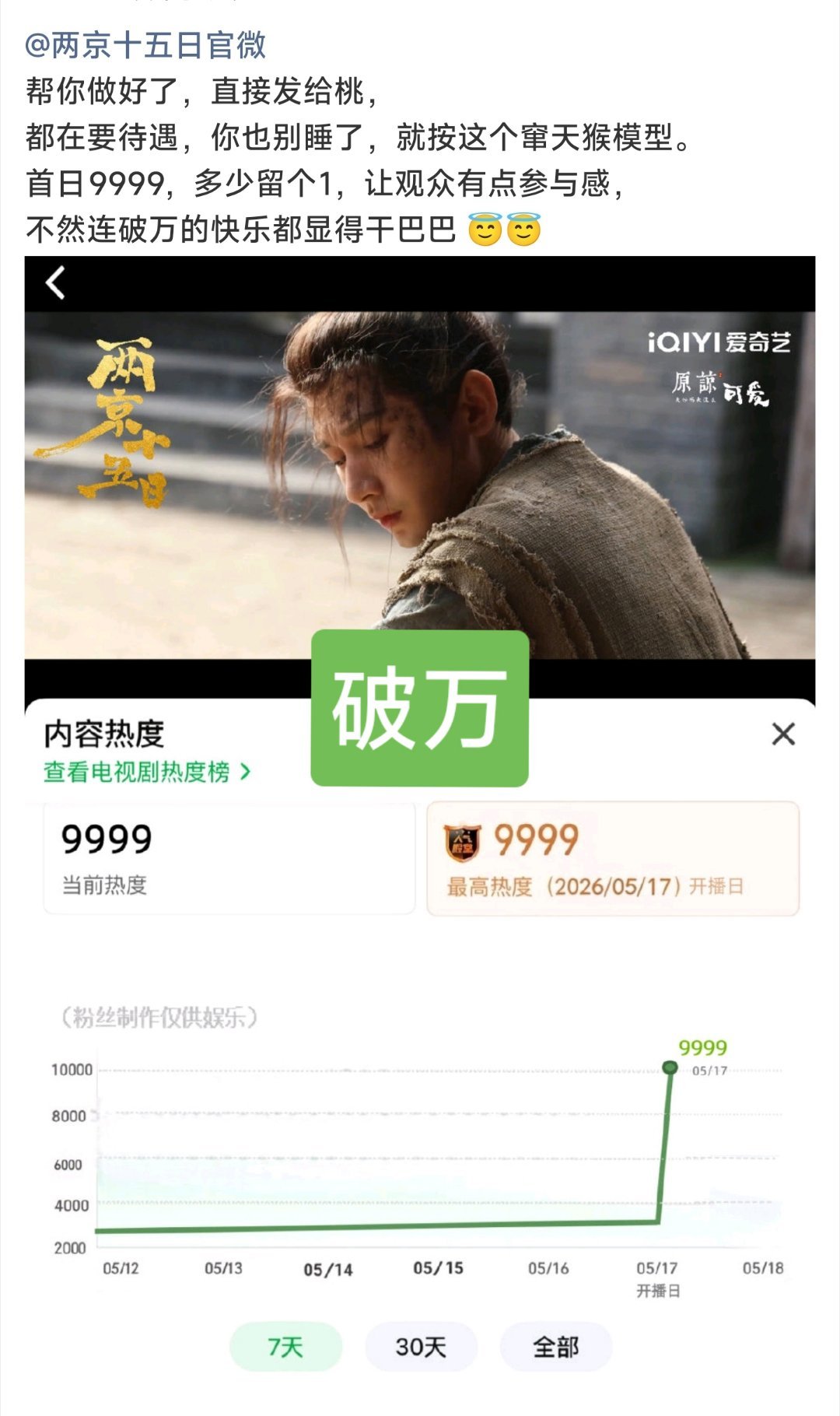 能不能给成毅《两京十五日》首日破万，条件你随便提！