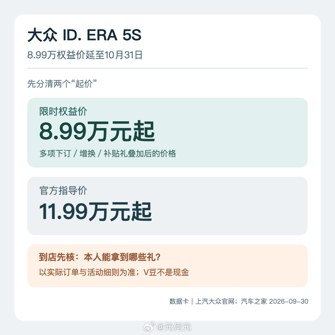 兄弟们，大众ID. ERA 5S的8.99万权益价续到10月31日了。但别把它当