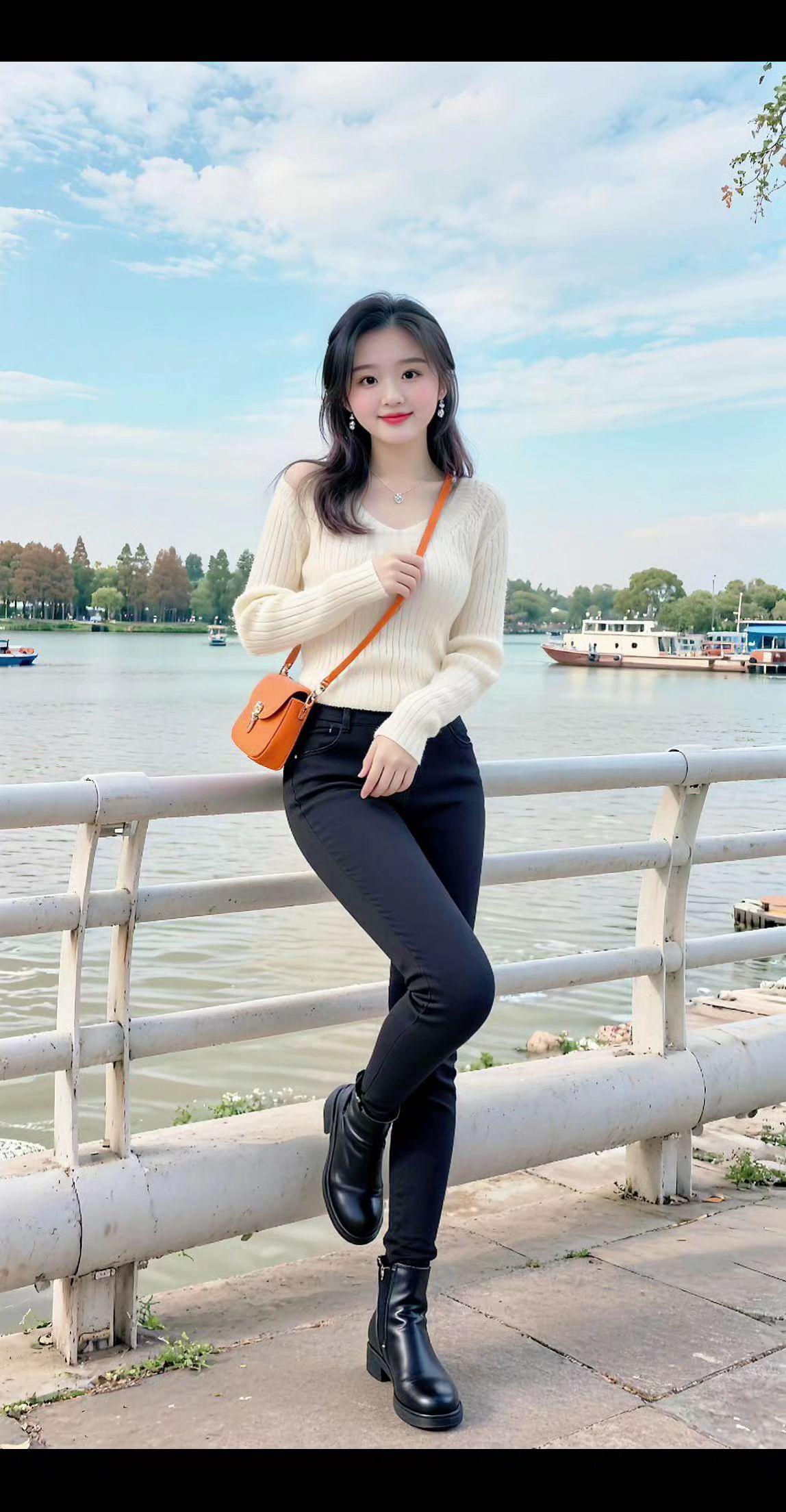 靠着江边 自拍小姐姐 微笑一个弧度而已