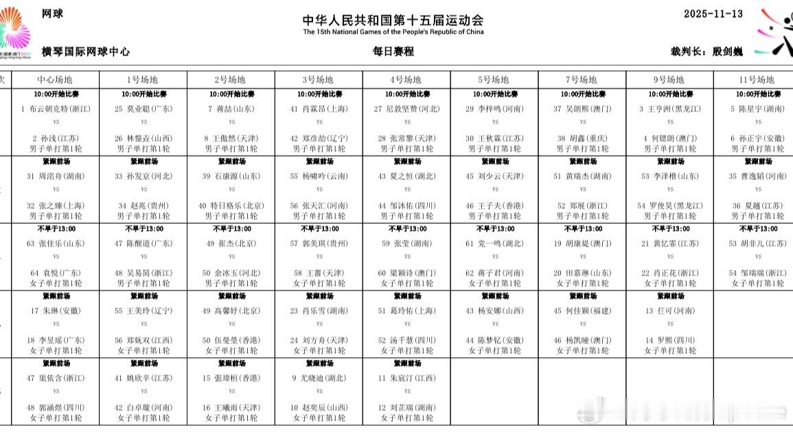 11.13 全运单项第一比赛日赛程如果按照团体只有中心球场有信号的话。。。我们能