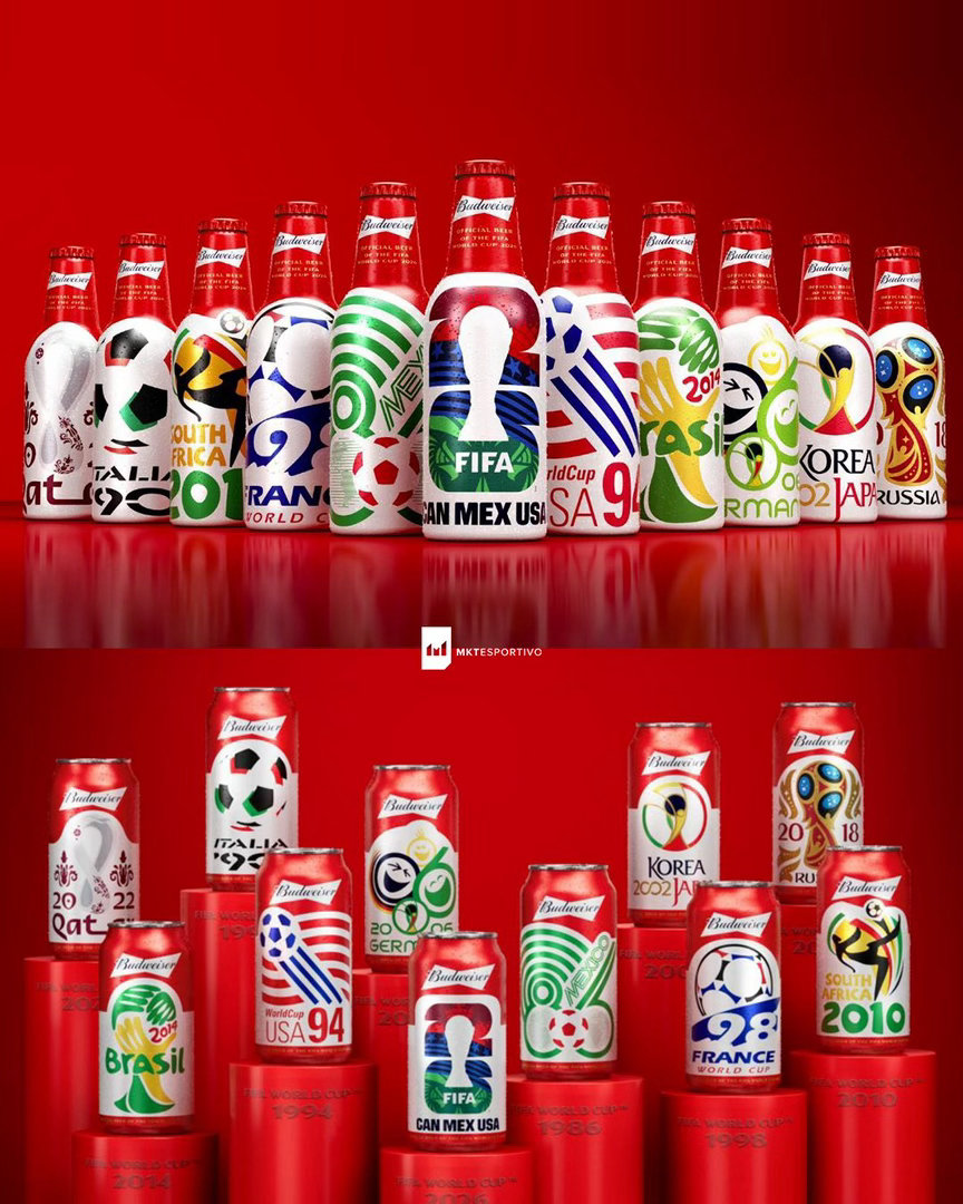 🍺百威即将在巴西推出的这款啤酒包装设计，上面印有最近11届世界杯的会徽。⚽️2