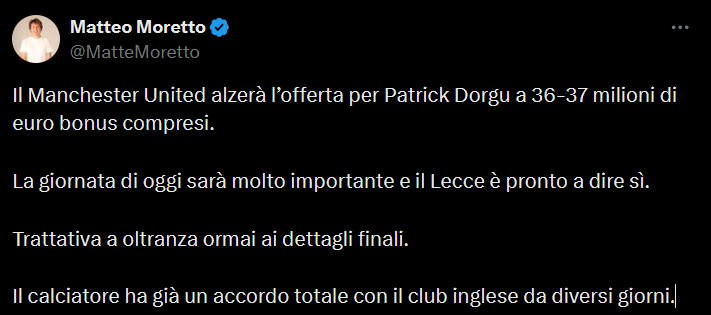 Matteo Moretto曼联对多尔古的报价提高至3600万欧至3700万欧（