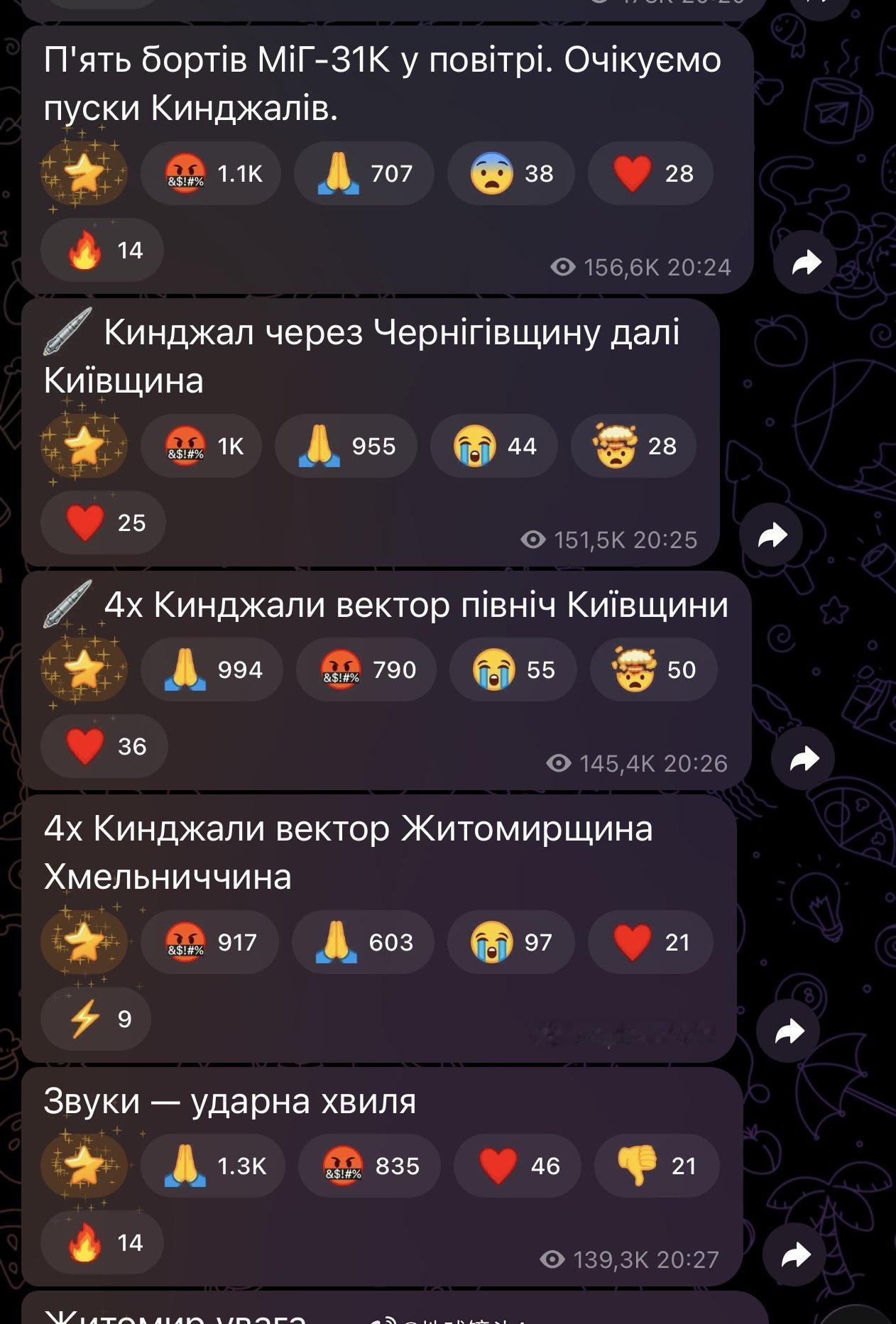 今天乌克兰又挨炸了
至少5架米格-31M升空
目前已知，基辅挨了4枚匕首
日托米