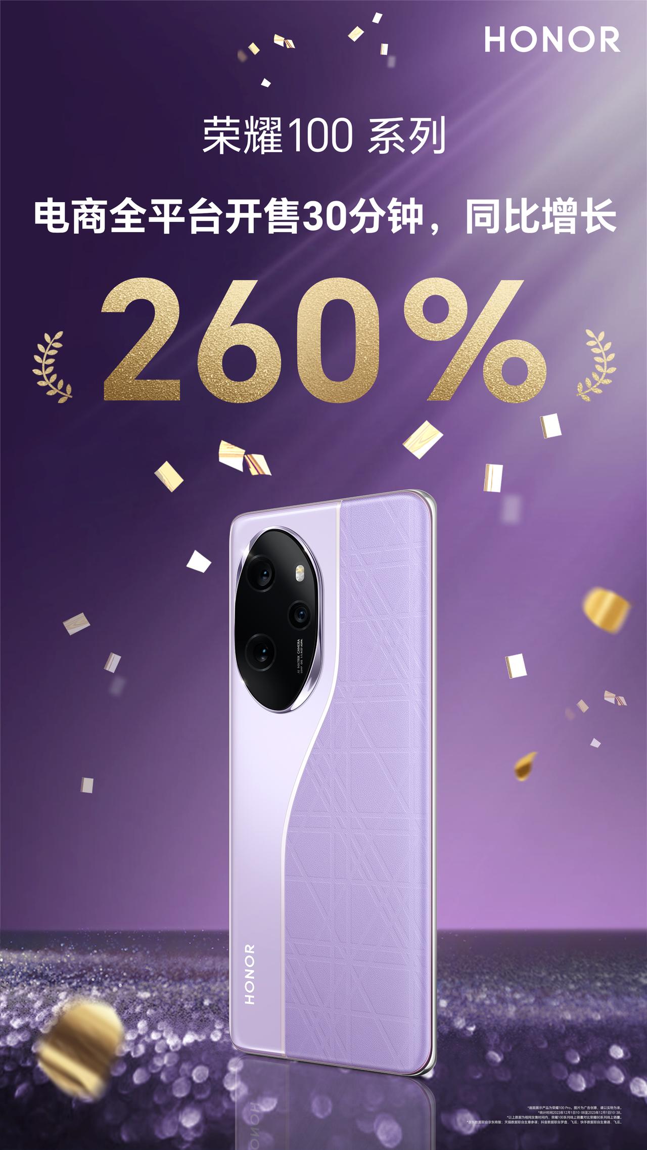 荣耀100的电商平台首销数据也出来了，同比增长260%。因为基数不一样，所以它搞