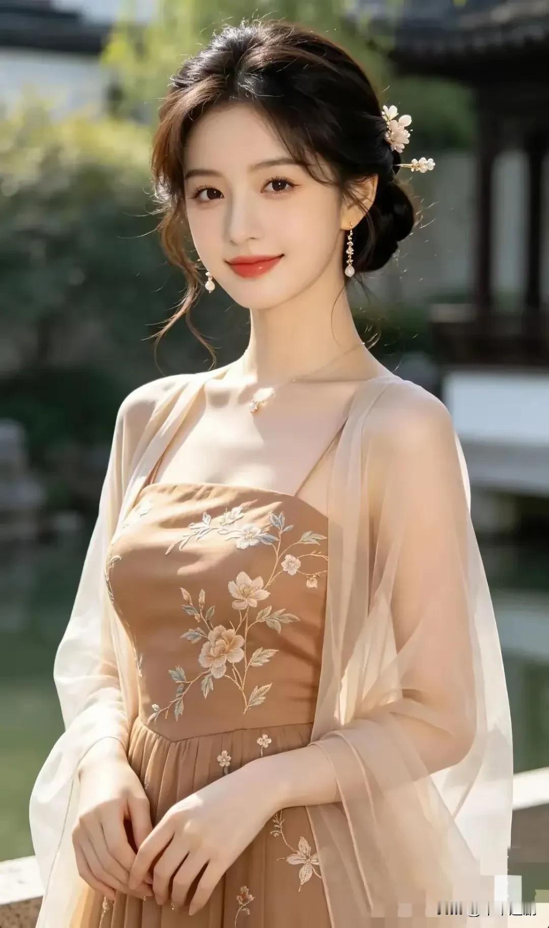 绣纹缀满衣袂，簪花轻绾青丝。庭院暖阳漫落，一颦一笑，皆是东方独有的温婉诗意。
古