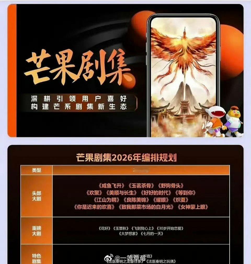 🥭TV剧集2026编排头部大剧：《咸鱼飞升》《玉茗茶骨》《野狗骨头》《欢聚》《