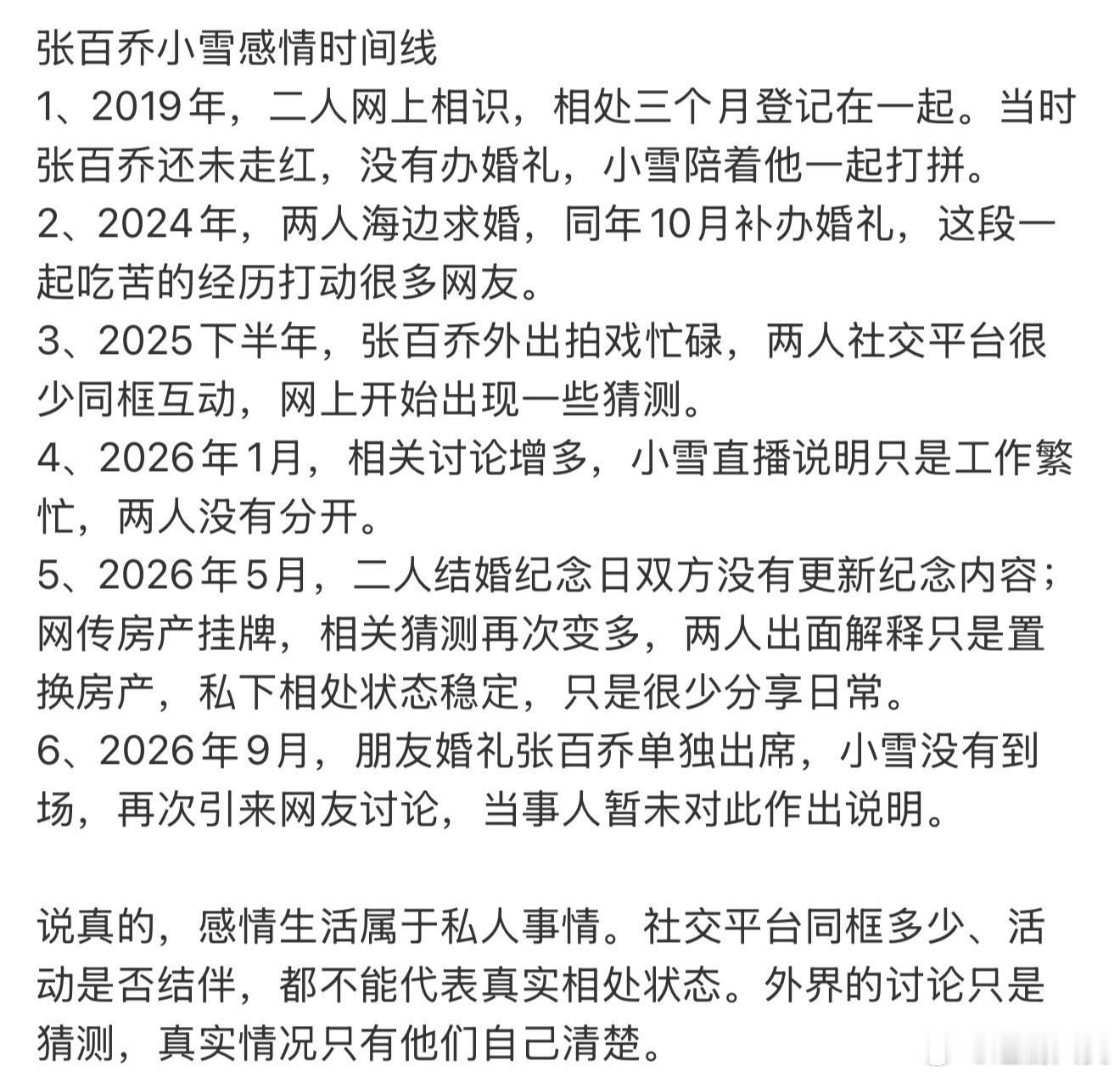 张百乔小雪感情时间线张百乔小雪感情时间线整理，感觉这么久不同框确实有点不合常理了