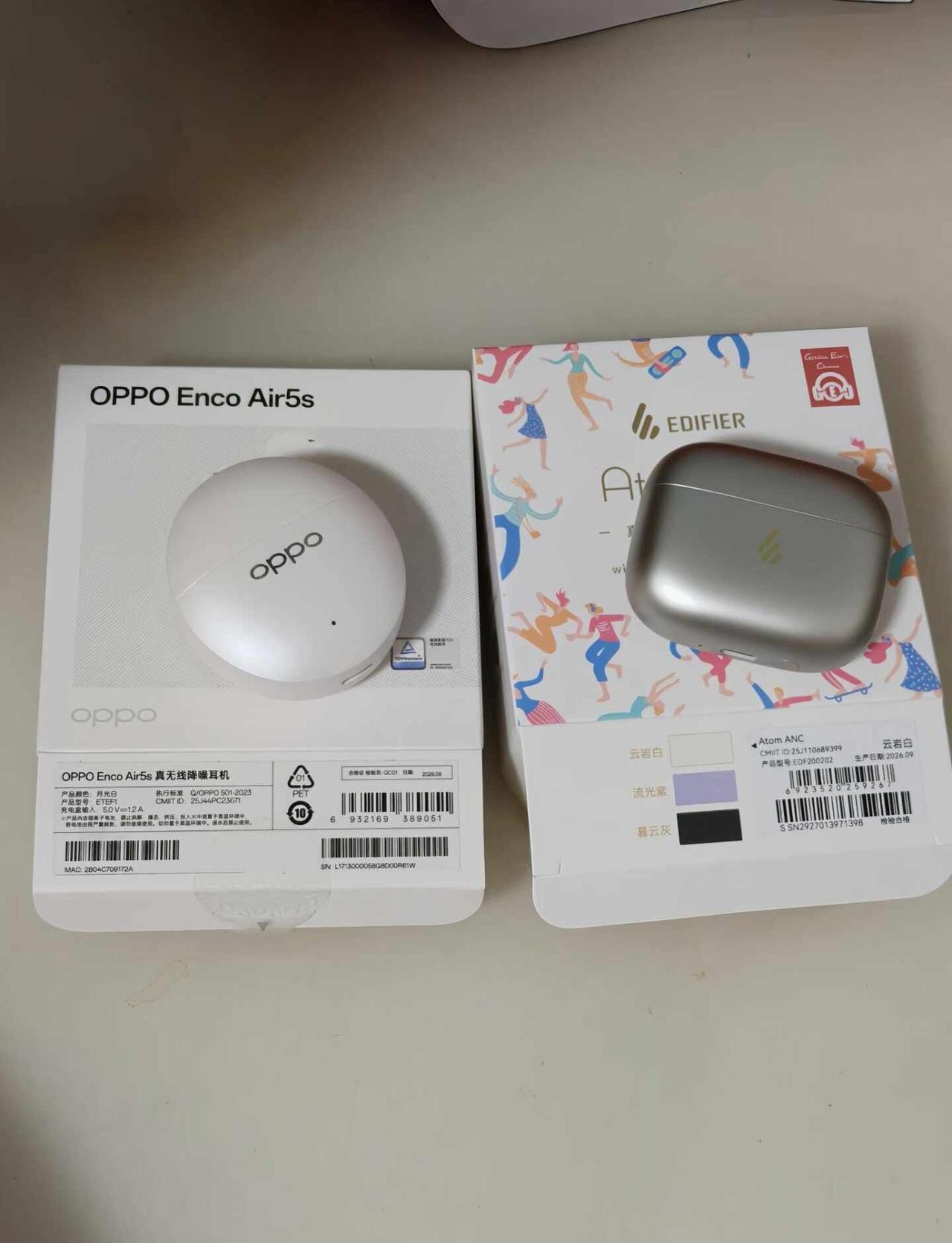 OPPO Enco Air5s&漫步者原子豆ANC对比
两者都是半入耳降噪耳机