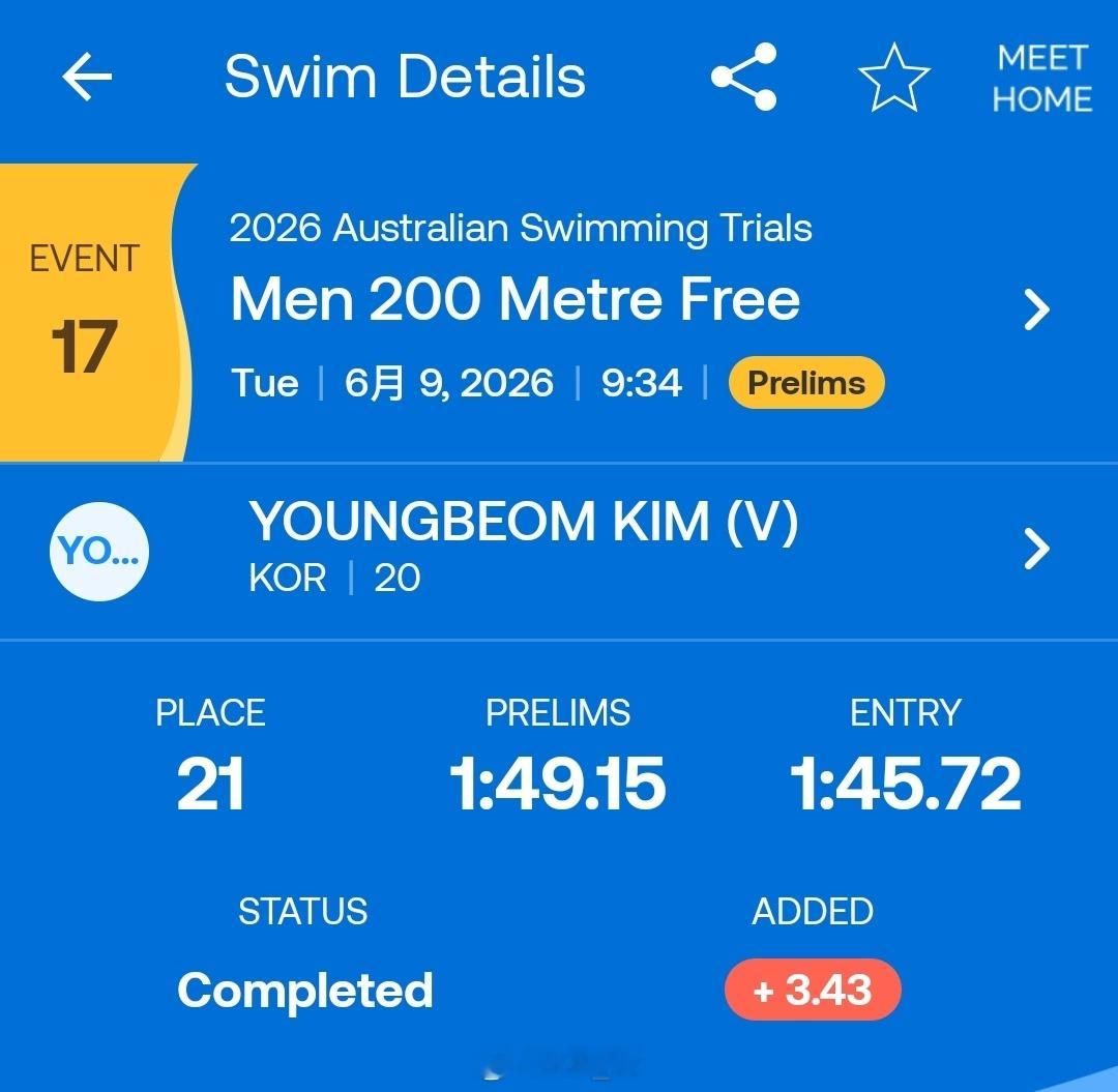 澳大利亚游泳选拔赛 男200自预赛Short 1:45.52 PBSommerv