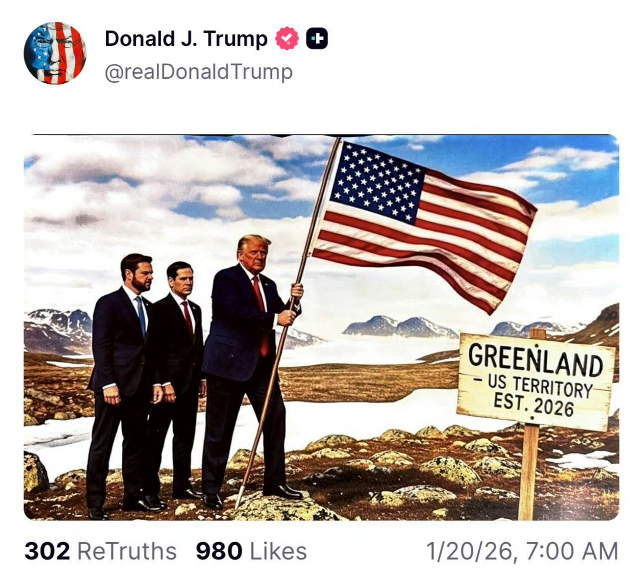 AI作图，特朗普带领万斯和卢比奥一起在格陵兰岛插上美国国旗。    敢想特朗普发