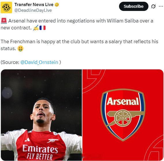 阿森纳已与萨利巴就续约事宜展开谈判✍️🇫🇷这位法国球员在俱乐部很开心，但他希