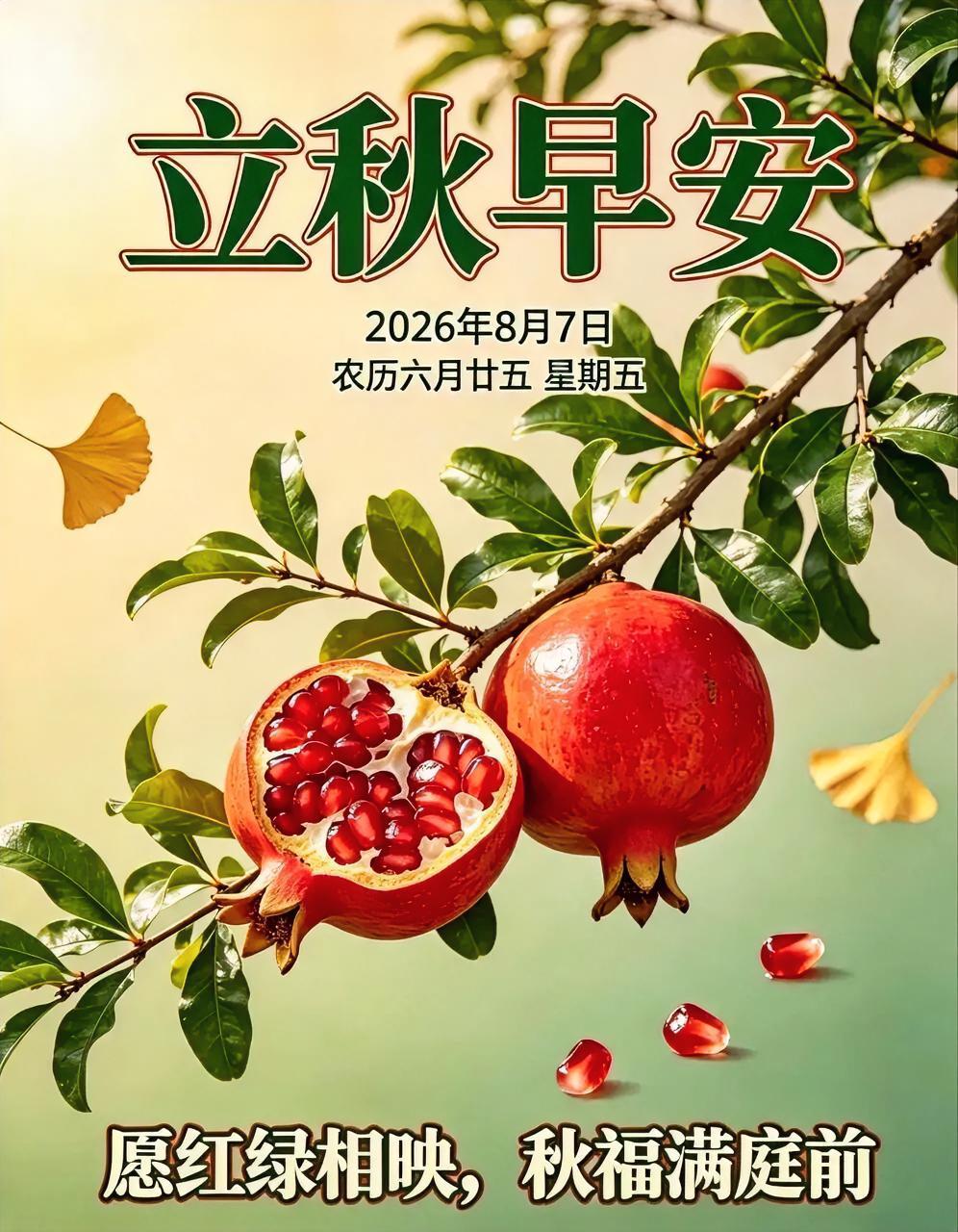 立秋早安！红石榴甜透心尖，咬一口是秋天的甜蜜。黄银杏轻舞枝头，愿这抹红黄相映，把