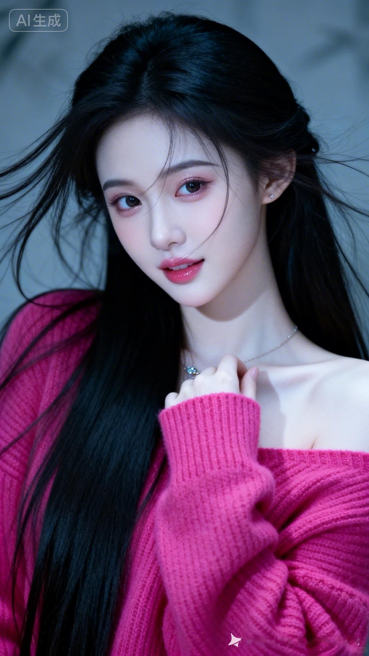 19岁东方绝色少女，正面特写，黑长直蓬松垂坠，几缕拂面。荧光玫红毛衣，冷白陶瓷肌