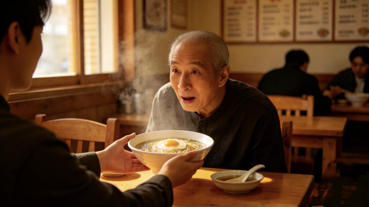 朋友开了家面馆，我去捧场。
正吃着，进来一个拾荒老人，站在门口犹豫。朋友招呼他坐