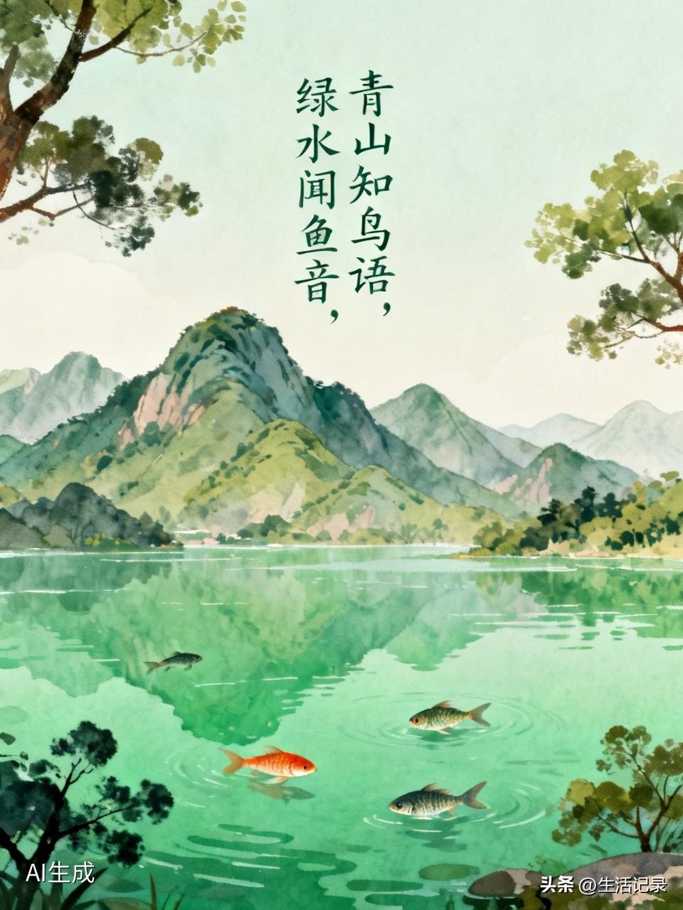 “青山知鸟语，绿水闻魚音”，这联简直绝了！青山静静伫立，仿佛能听懂鸟儿的欢唱，那